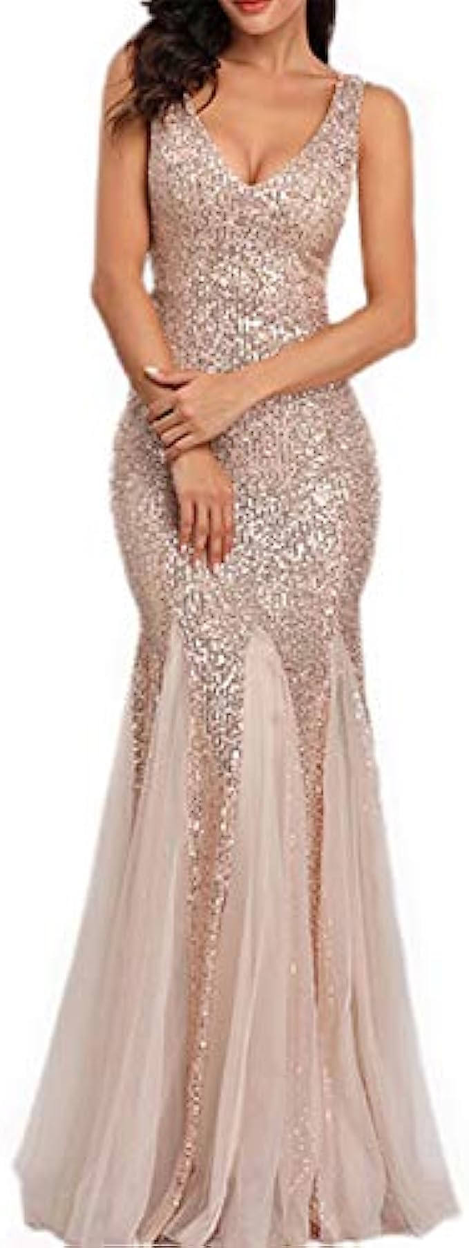 Womens Party Dress Sequins Tulle Sexy V-Neck Long Dress Sleeveless Formal Evening Prom Gowns