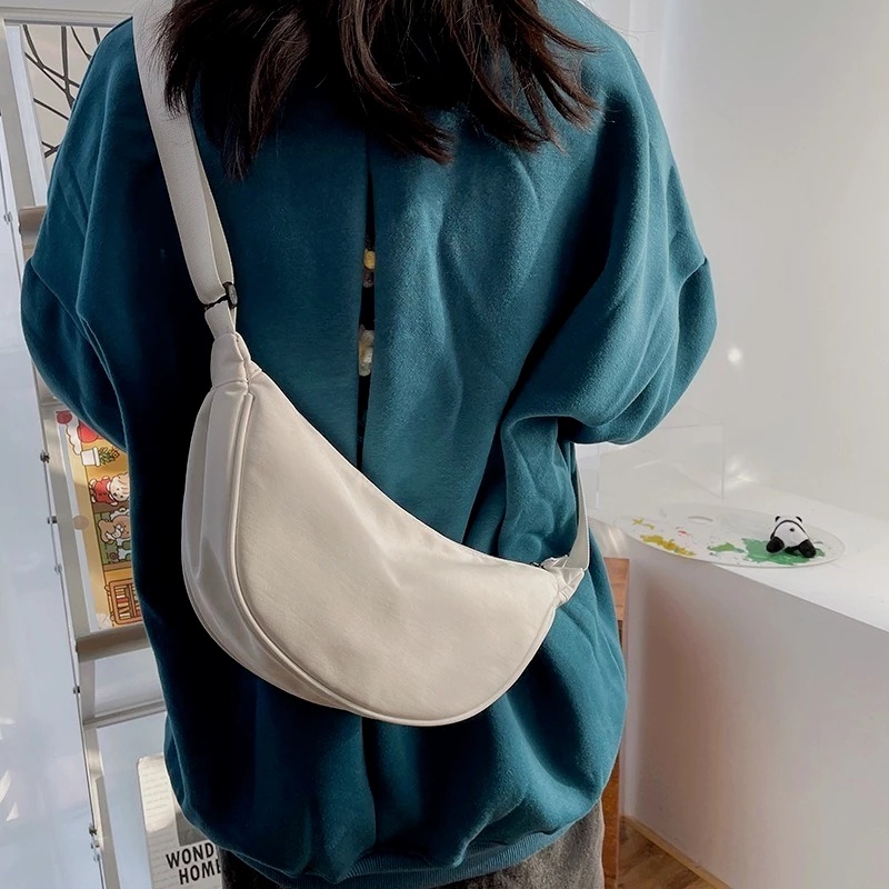 Women Cute Chest Bag Large Capacity Solid Color Travel Crossbody Bag Half Moon Nylon Daily Casual Shoulder Bag