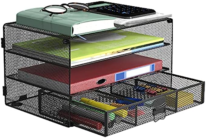 Paper Letter Tray Organizer, Mesh Drawer Desk Organizer DIY Storage Rack Stand Shelf for Office Accessories and Small Supplies (DO002-B), Black by WALI