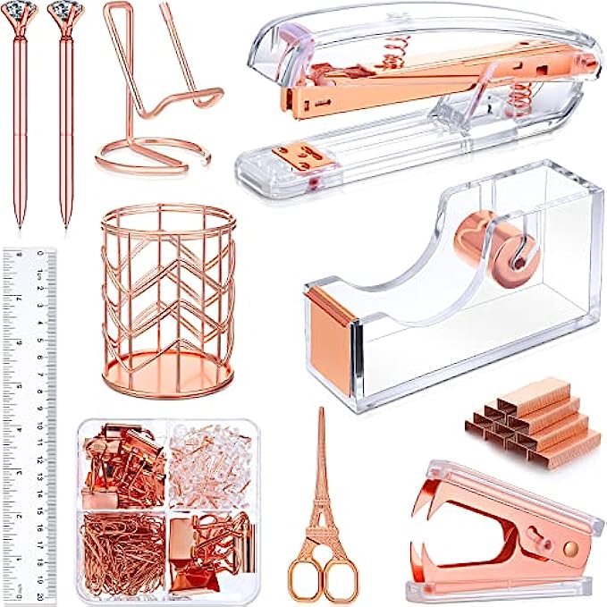 Desk Accessories, Office Supplies for Women of Stapler, Staple Remover, Tape Holder, Pen Holder, Staples, Phone Holder, Diamond Pen, Ruler, Scissors and Binder Clips, Desk Decor for Office (Rose Gold)