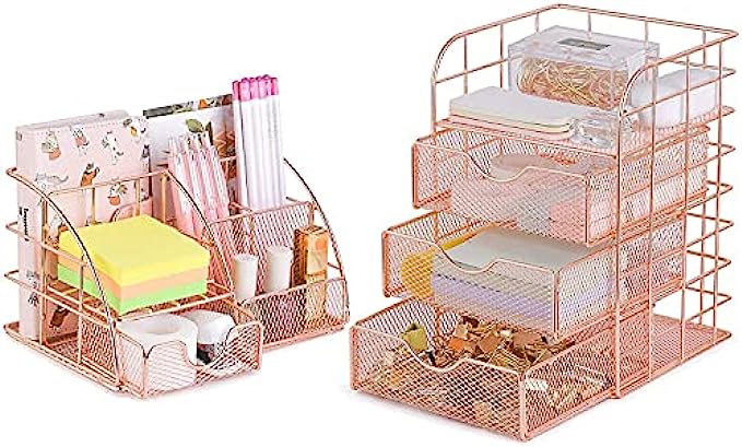 POPRUN Desk Organizer Pen Holder Office Supplies,Cute Mesh Office Supplies Accessories Essentials Caddy with Drawers for Home &amp; Office Desktop Organization &amp; Decor, Rose Gold - Set of 2