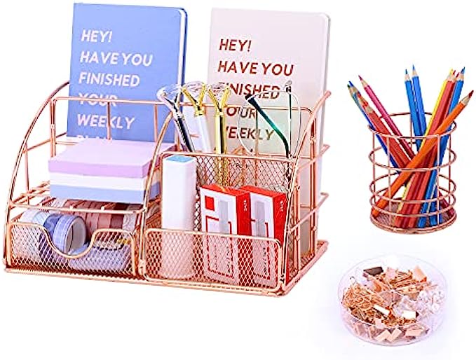 Rose Gold Desk Organizer Mesh Office Supplies and Accessories with 6 Compartments + Drawer, Multi-Functional Desk Accessories Cute Office Supplies Storage for Women Office Home School