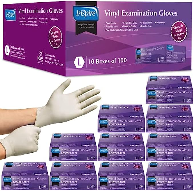 Inspire Stretch Vinyl Exam Gloves | THE ORIGINAL Quality Vinyl Gloves Disposable Latex Free Medical Gloves Cleaning Gloves