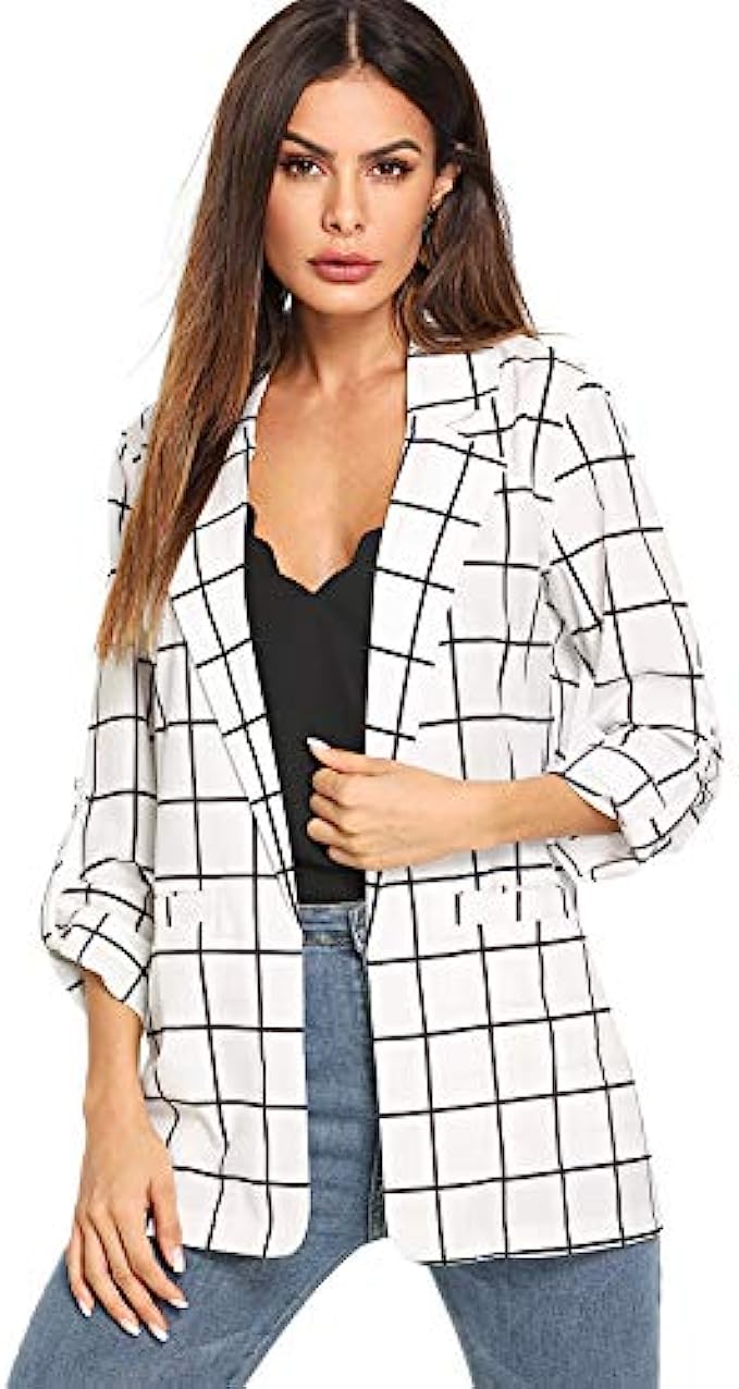 Milumia Women&#039;s Open Front Blazer Casual Lightweight Plaid Roll Up Sleeve Jacket Shirt